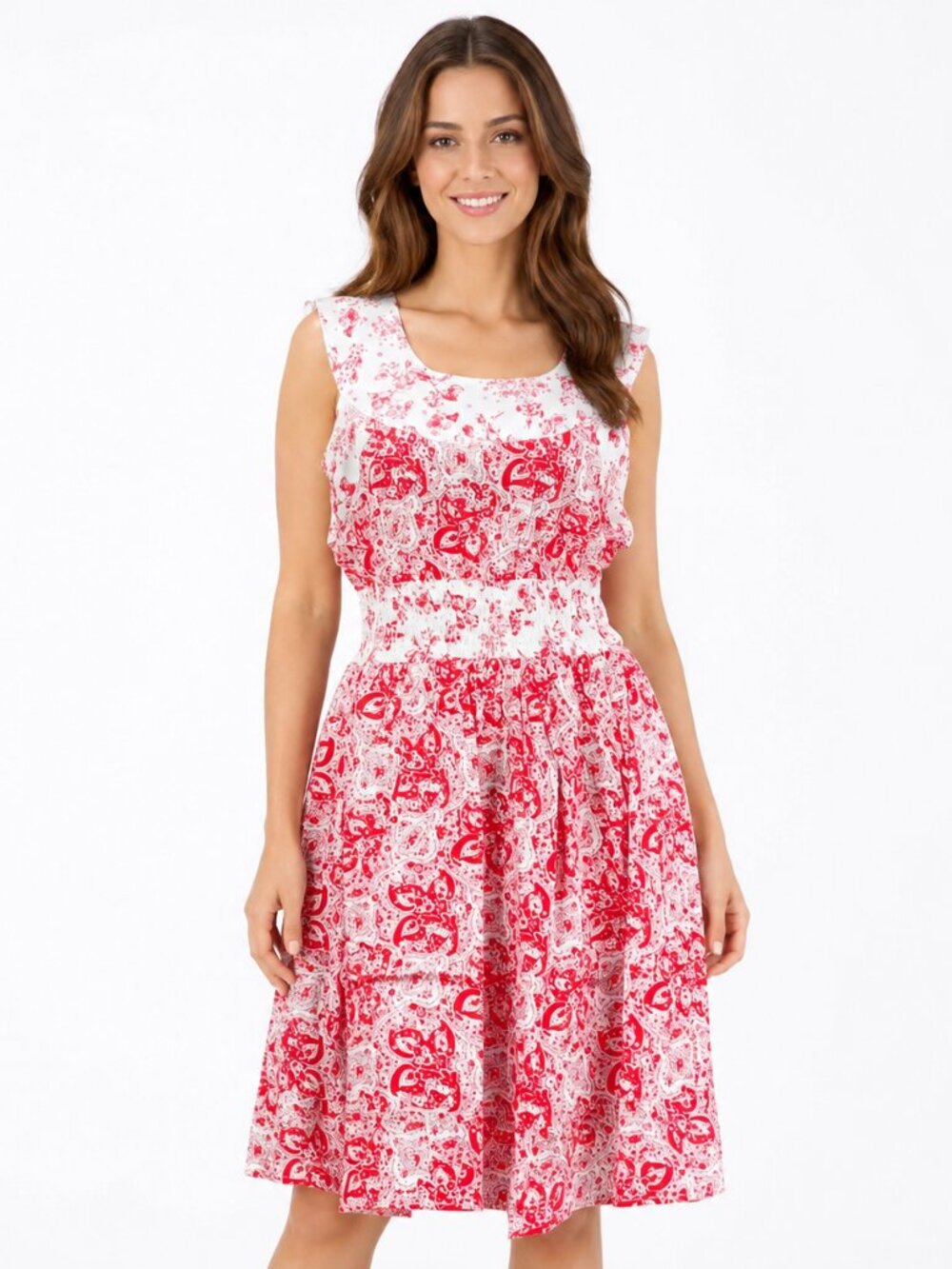 Women’s Red & White Paisley Print Dress Sleeveless Smocked Waist Knee Length